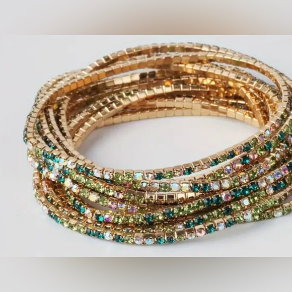 Jewelry - 6 Individual Piece 18k Plated Rhinestone Stretch Boho Bracelet Stack Set - Bling